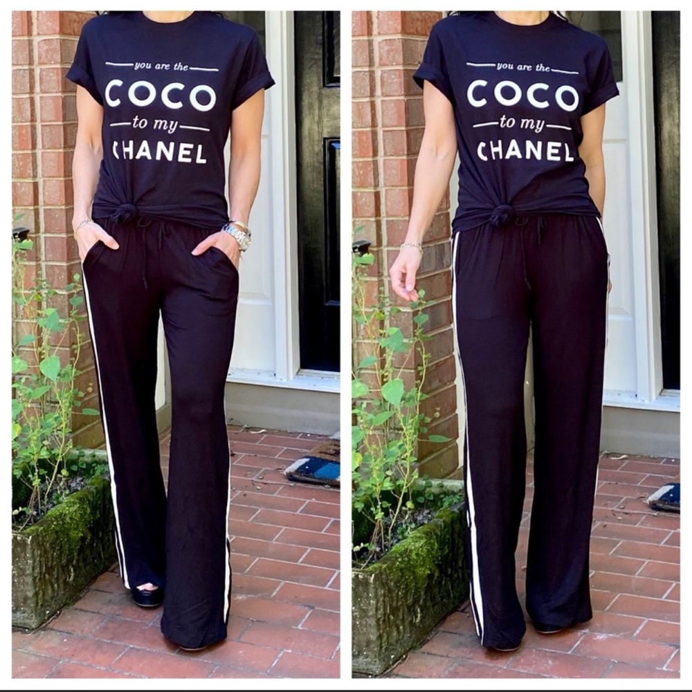 Black wide leg white side striped pants w/pockets - Picture 2 of 6